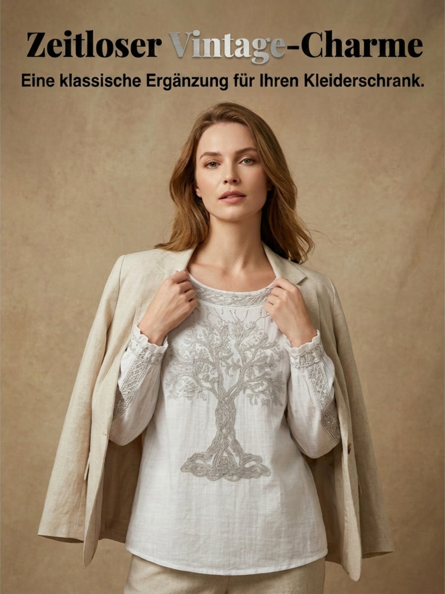 Damen-Top im Vintage-Stil mit floraler Kunstprint-Optik, aus Baumwolle und Leinen, lässig
