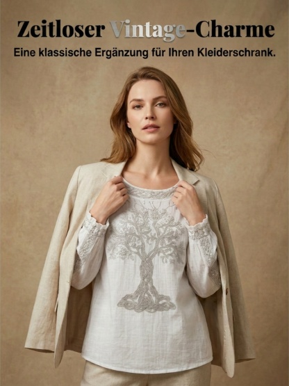 Damen-Top im Vintage-Stil mit floraler Kunstprint-Optik, aus Baumwolle und Leinen, lässig