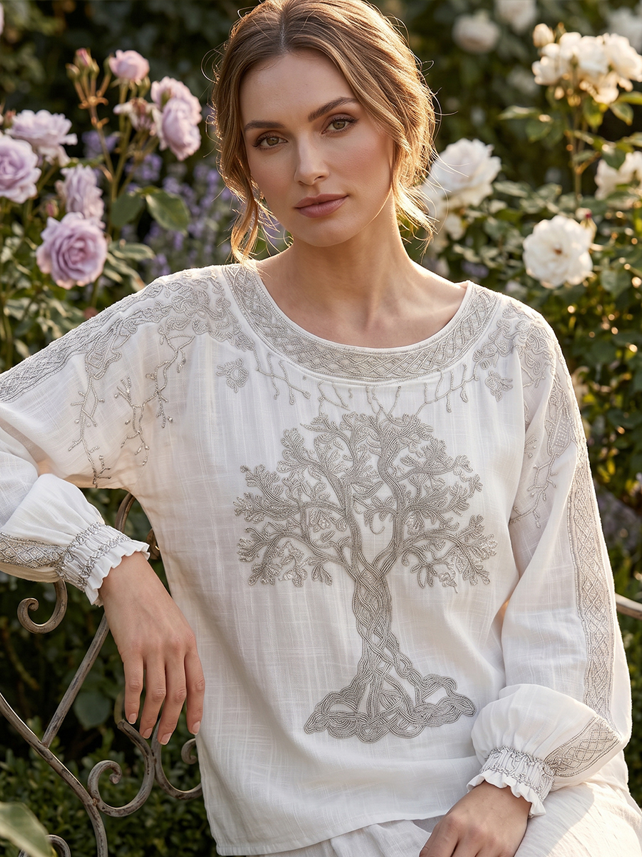 Damen-Top im Vintage-Stil mit floraler Kunstprint-Optik, aus Baumwolle und Leinen, lässig