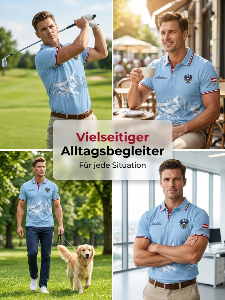 Herren-Poloshirt mit Bergmotiv-Stickerei und -Print