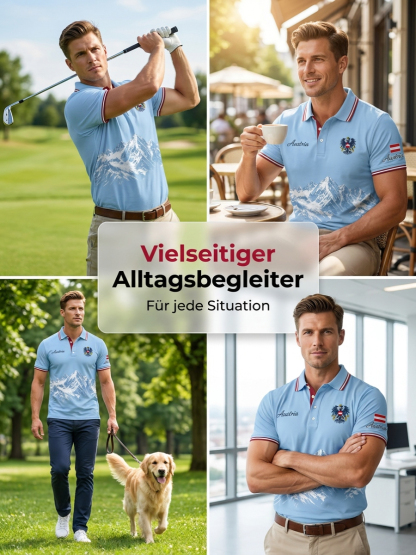 Herren-Poloshirt mit Bergmotiv-Stickerei und -Print