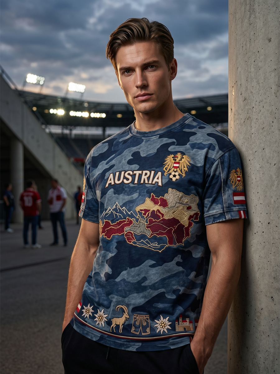 Vintage österreichisches Adler-Camo-Karten-Lässig-T-Shirt