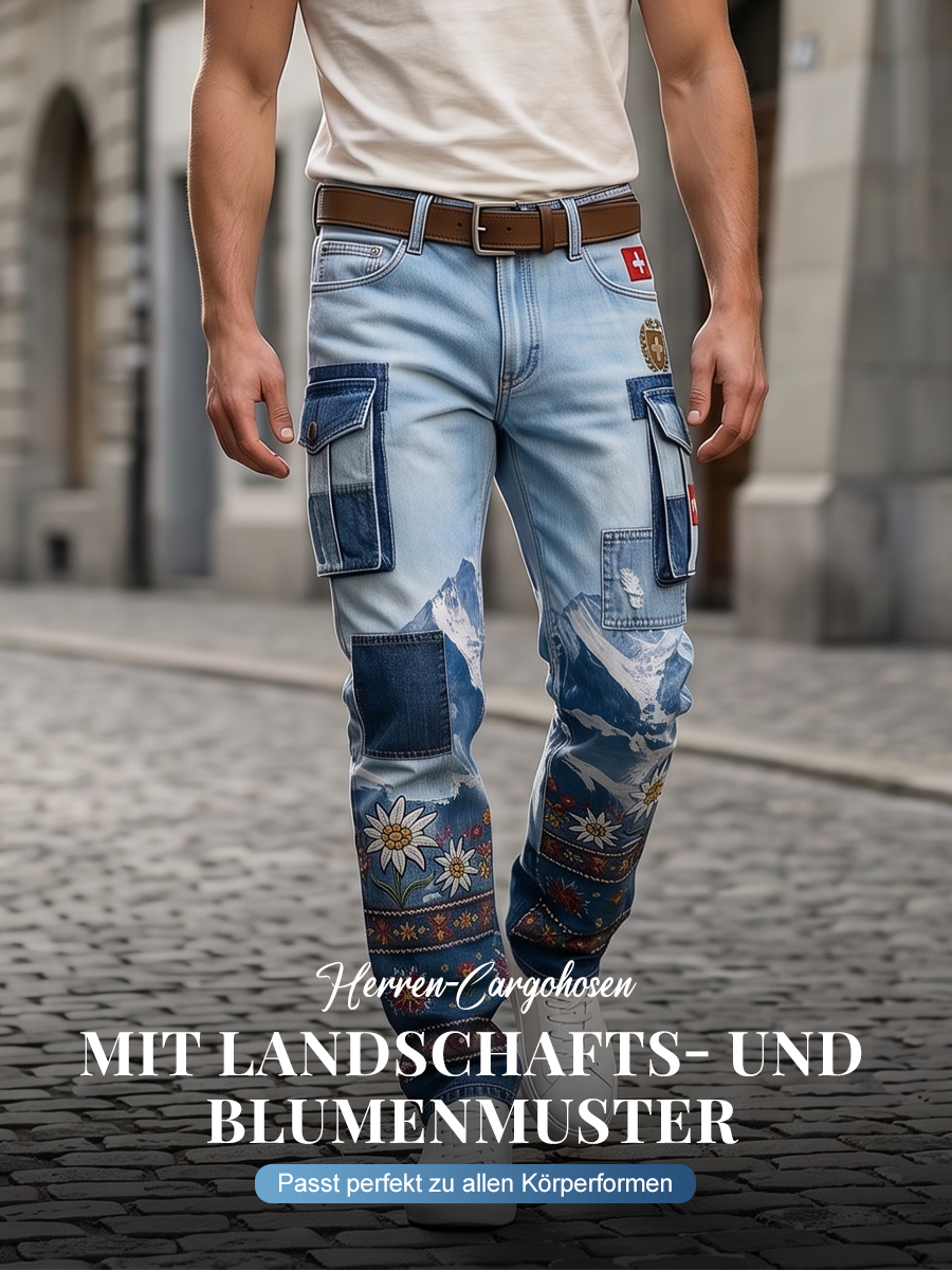 Herren-Cargohosen mit Landschafts- und Blumenmuster