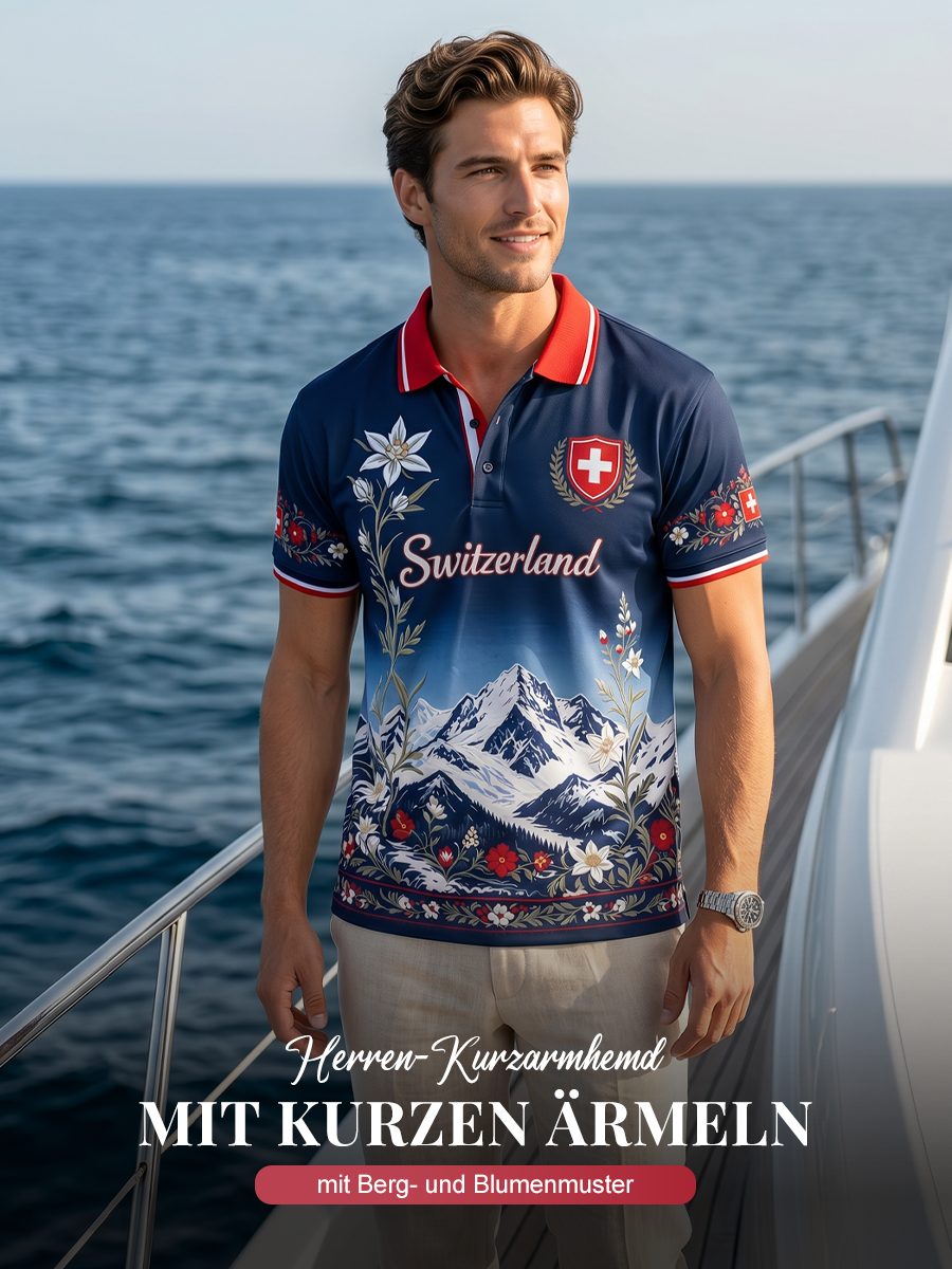 Herren-Poloshirt mit kurzen Ärmeln und Berg- sowie Blumenmuster