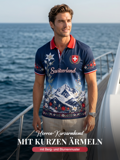 Herren-Poloshirt mit kurzen Ärmeln und Berg- sowie Blumenmuster