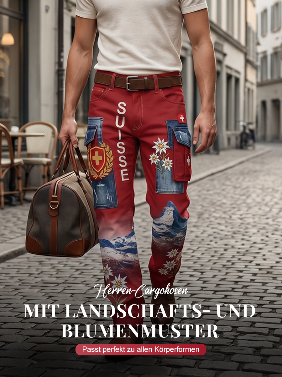 Herren-Cargohosen mit Landschafts- und Blumenmuster