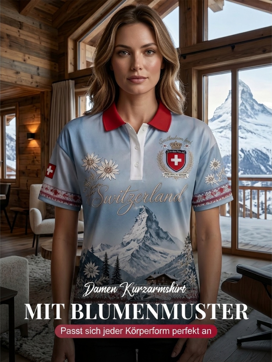 Damen-Polo mit kurzen Ärmeln, Berg- und Blumenmuster