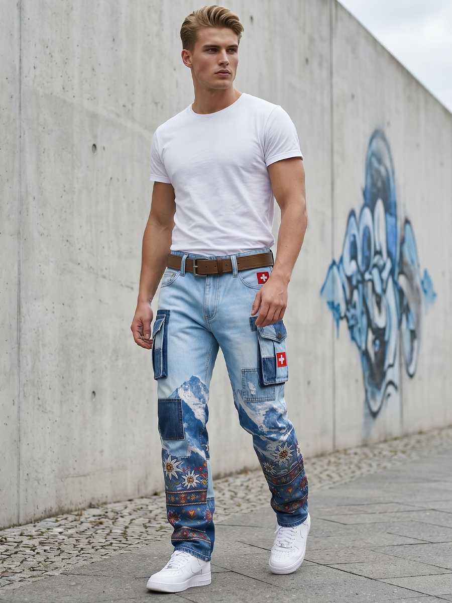 Herren-Cargohosen mit Landschafts- und Blumenmuster