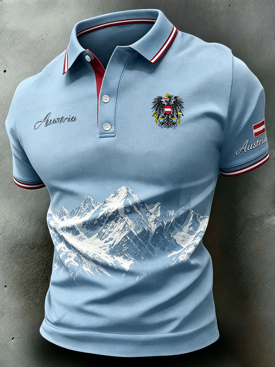 Herren-Poloshirt mit Bergmotiv-Stickerei und -Print
