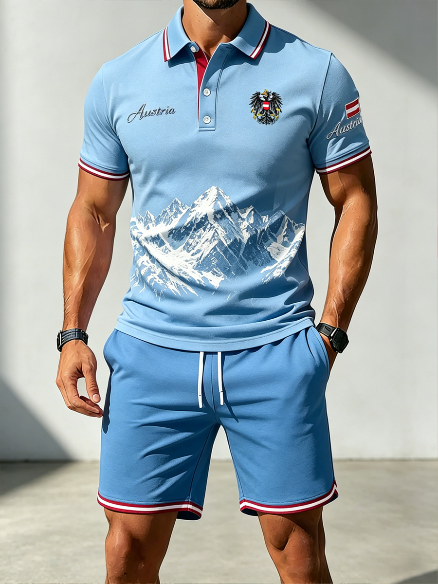 Kurzarm-Polo-Set für Herren mit Alpine Mountain Print