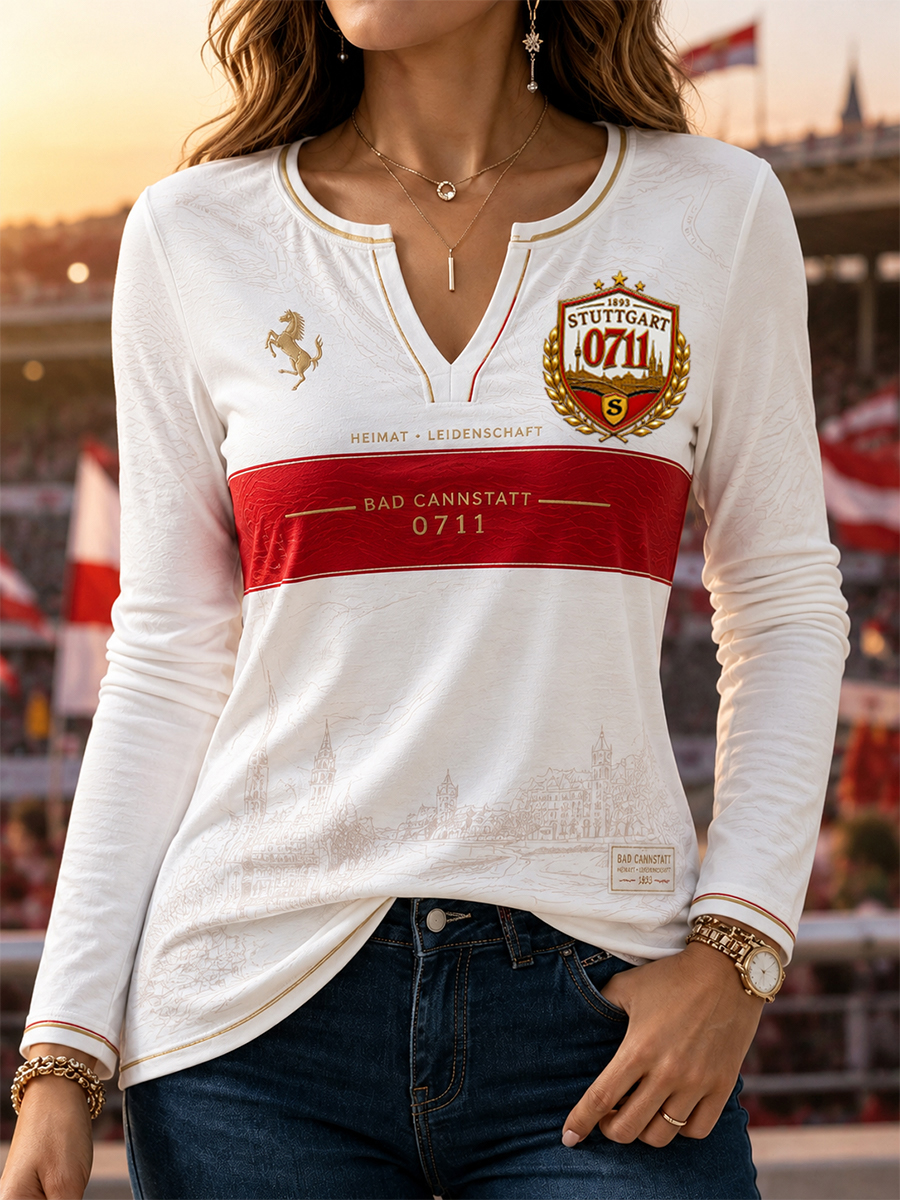 Damen-VfB-Stuttgart-Lässiges Patchwork-T-Shirt mit V-Ausschnitt