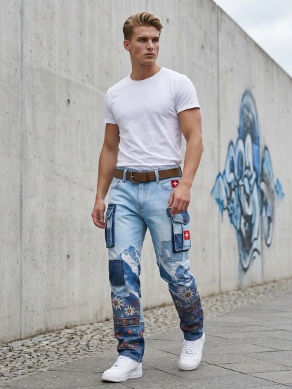 Herren-Cargohosen mit Landschafts- und Blumenmuster