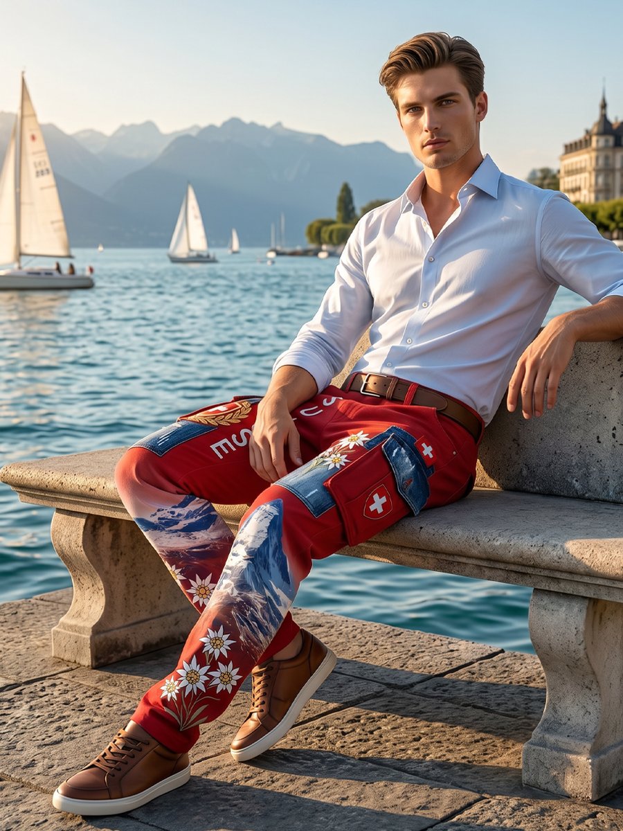 Herren-Cargohosen mit Landschafts- und Blumenmuster