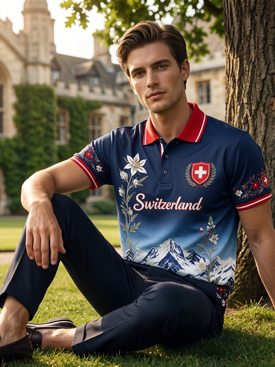 Herren-Poloshirt mit kurzen Ärmeln und Berg- sowie Blumenmuster