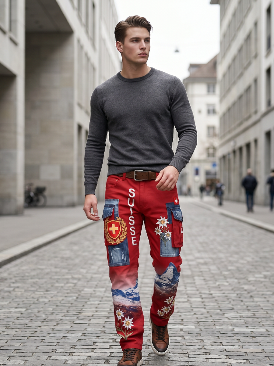 Herren-Cargohosen mit Landschafts- und Blumenmuster
