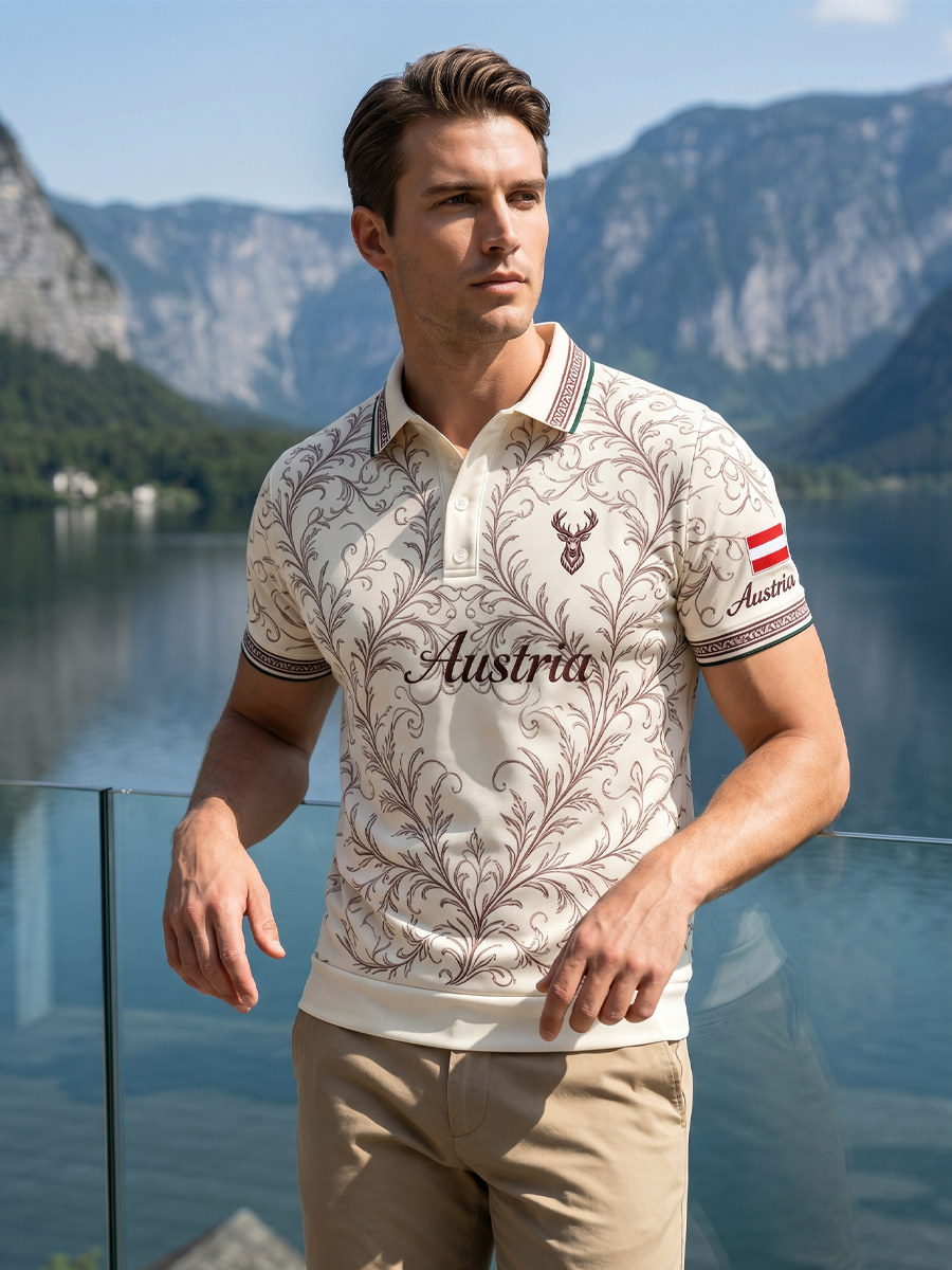 Herren-Poloshirt mit Stickerei im Ethno-Stil und Print-Elementen