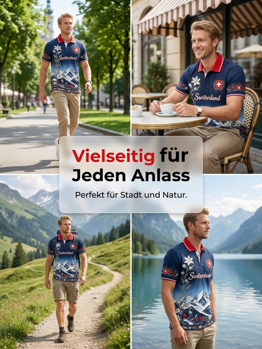 Herren-Poloshirt mit kurzen Ärmeln und Berg- sowie Blumenmuster