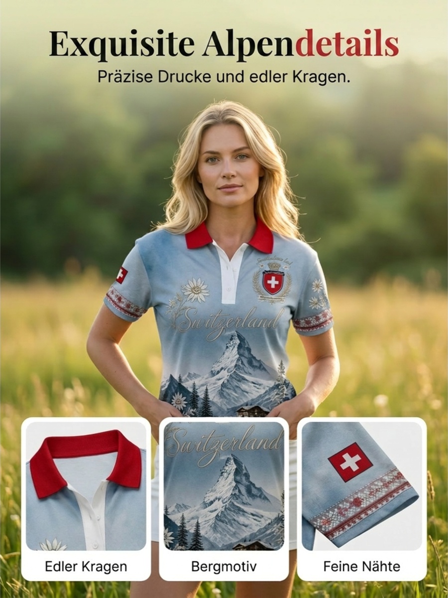 Damen-Polo mit kurzen Ärmeln, Berg- und Blumenmuster