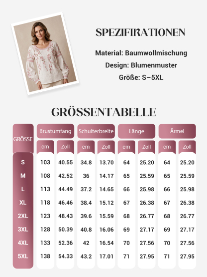 Damen-Top im Vintage-Stil aus Baumwolle und Leinen, lässig geschnitten, mit gestickten Blumen und bedrucktem Patchwork-Design
