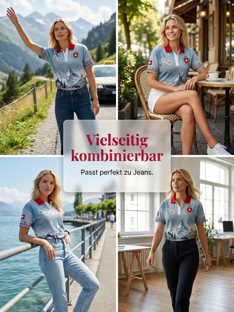 Damen-Polo mit kurzen Ärmeln, Berg- und Blumenmuster