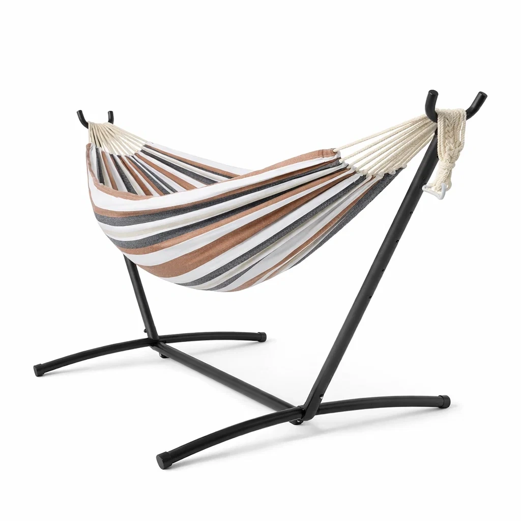 Hamac en coton avec support métal rayé marron/blanc/noir-furnatax