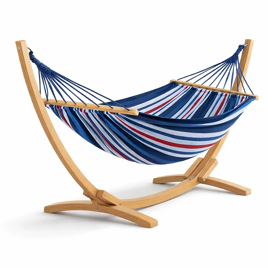 Hamac en bois avec tissu rayé bleu, rouge et blanc-furnatax