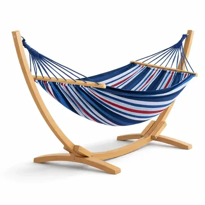 Hamac en bois avec tissu rayé bleu, rouge et blanc-furnatax