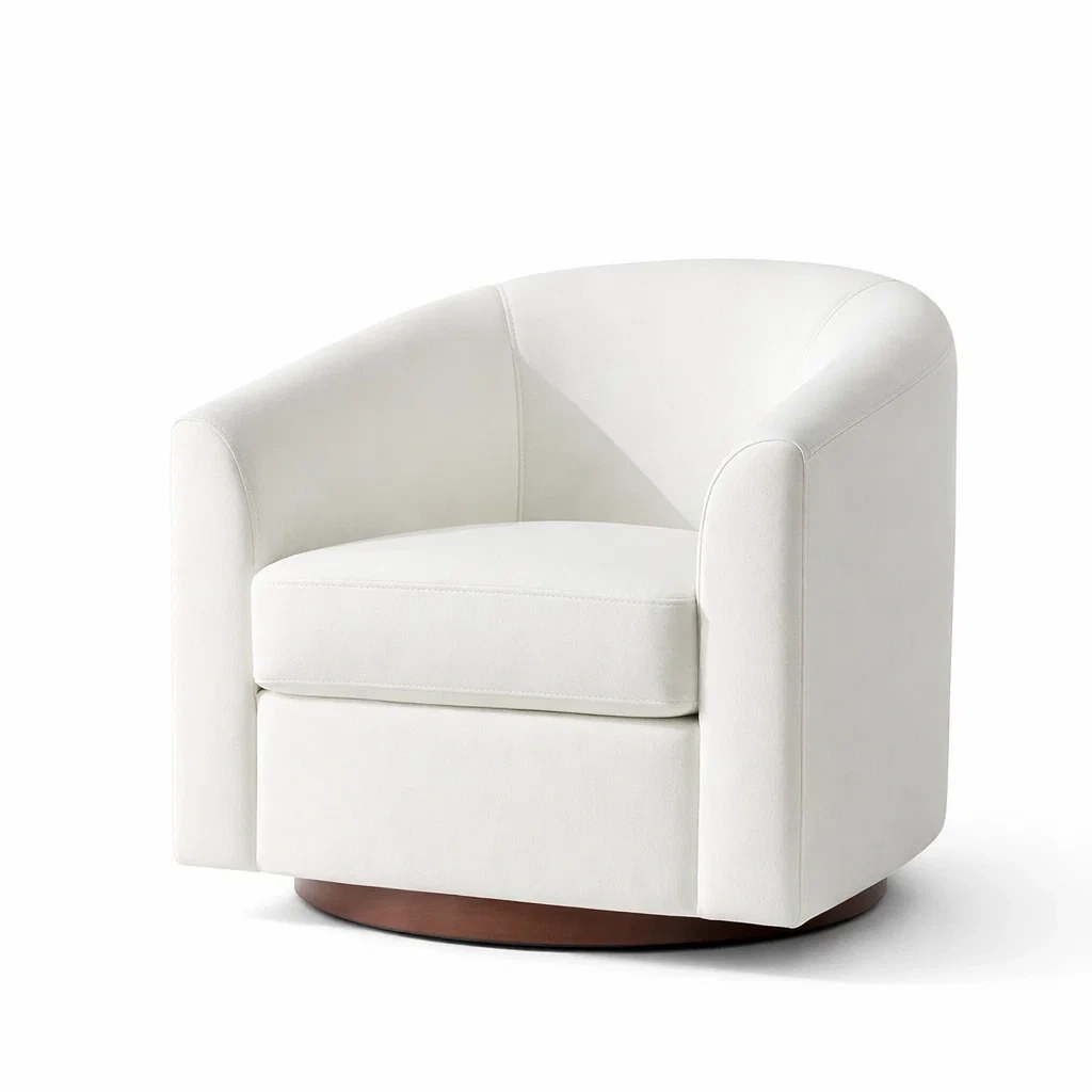 Fauteuil pivotant en tissu microfibre blanc avec base en bois-furnatax