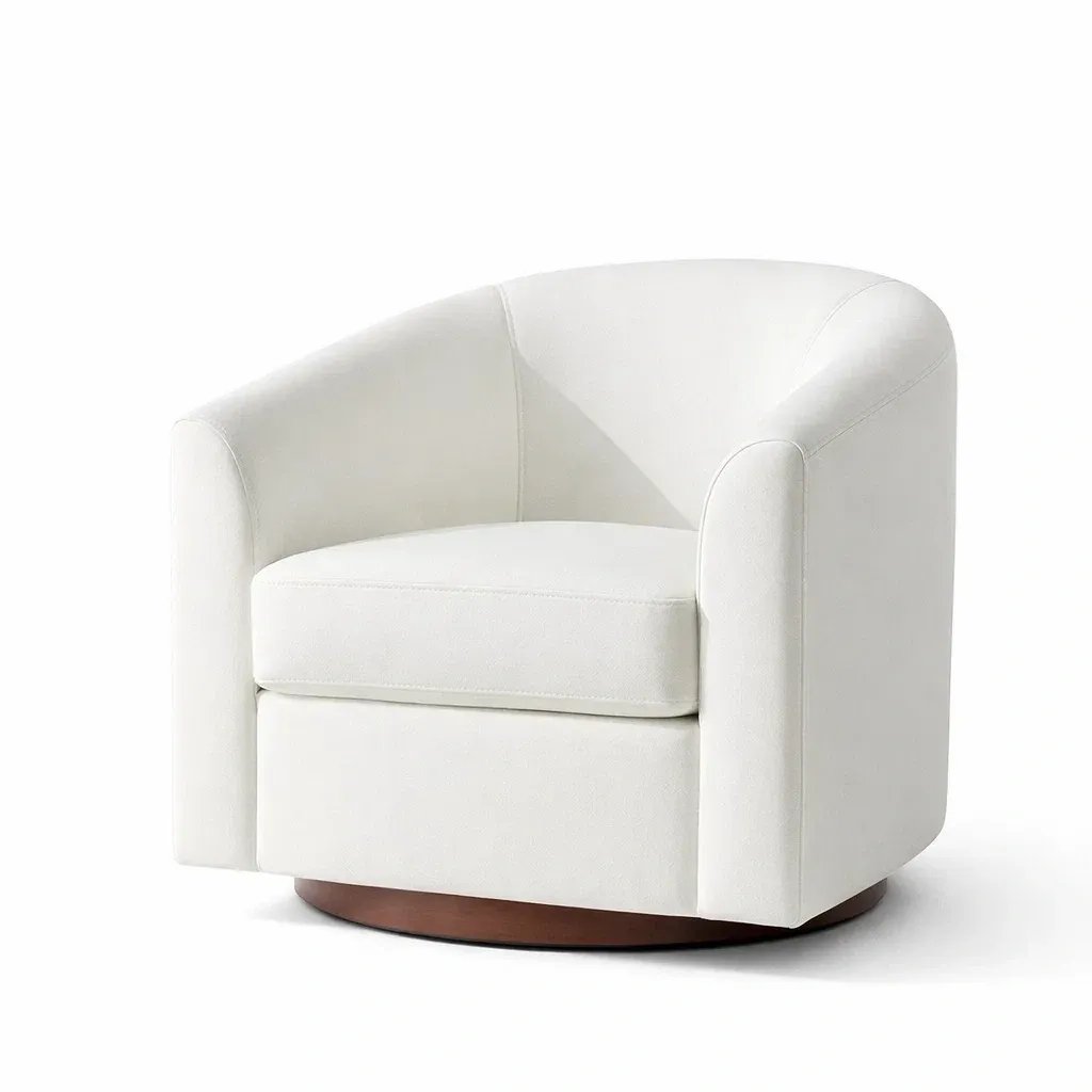 Fauteuil pivotant en tissu microfibre blanc avec base en bois-furnatax