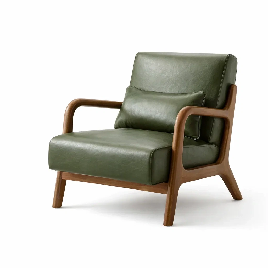 Fauteuil en bois massif et cuir synthétique vert-furnatax