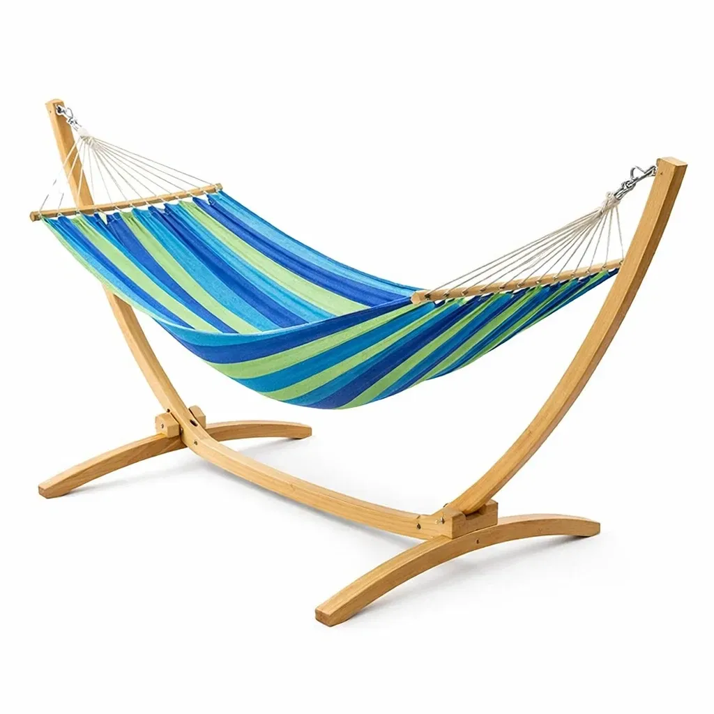 Hamac en coton rayé bleu/vert avec support en bois-furnatax
