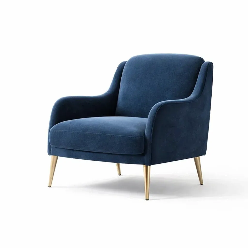 Fauteuil en velours bleu avec pieds en métal doré-furnatax