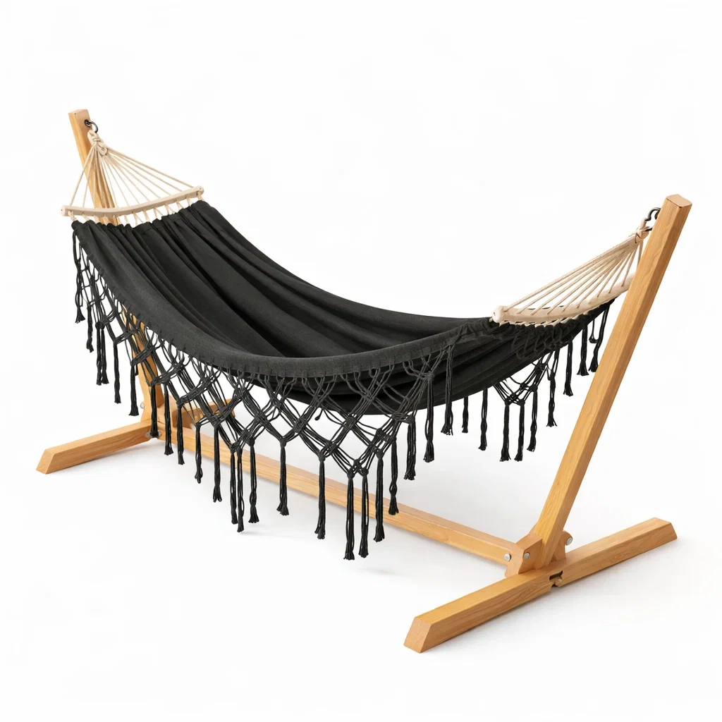 Hamac en coton avec support en bois noir-furnatax