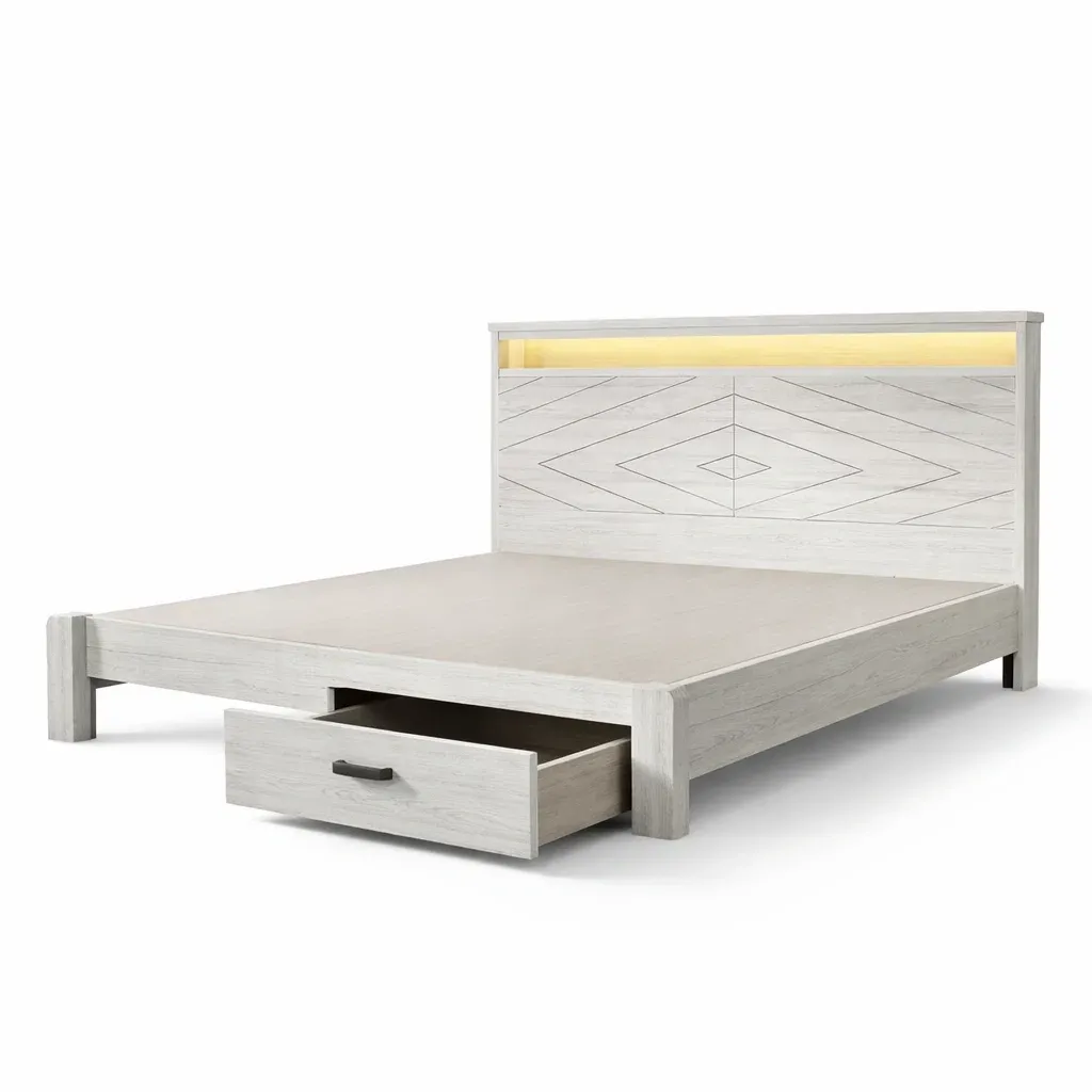 Lit de rangement double avec tiroir en bois de pin avec éclairage LED blanc-furnatax