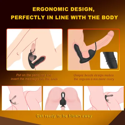 Perlenbesetzter ferngesteuerter Analvibrator mit 9 Stößen und Penisring zur Prostata-Massage