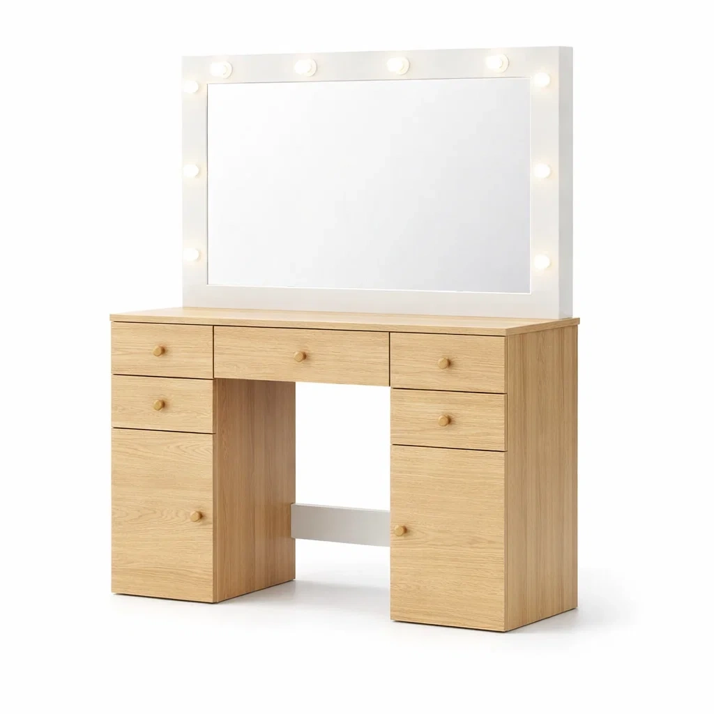 Vanity Oak Effect with Mirror, Lights and Drawers-CHICROOMZ