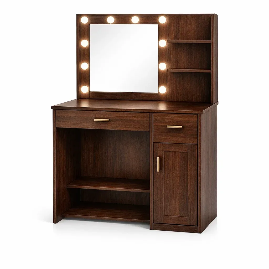 Vanity Walnut Wooden with LED Lighted Mirror and Storage-CHICROOMZ