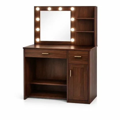 Vanity Walnut Wooden with LED Lighted Mirror and Storage-CHICROOMZ