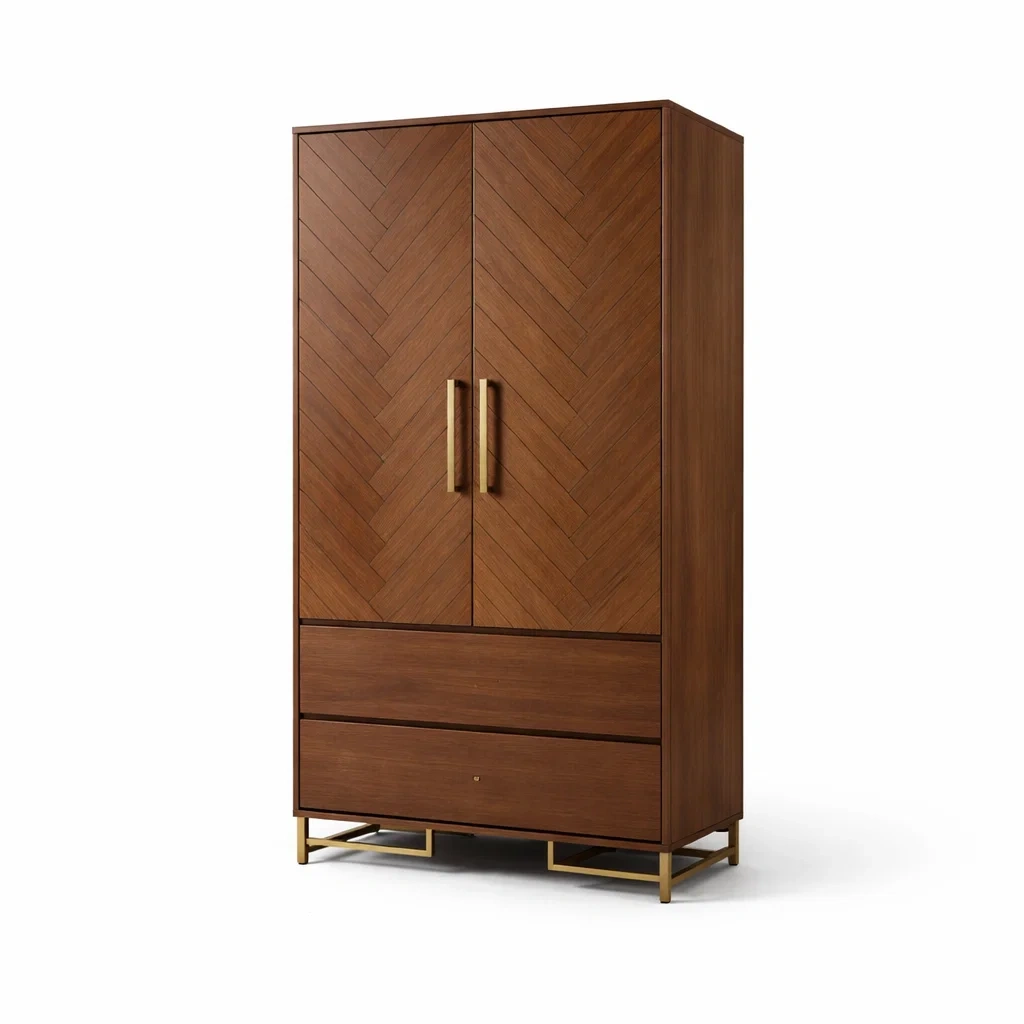 Wardrobe Chevron Pattern Wood with Metal Base and Brass Handles-CHICROOMZ