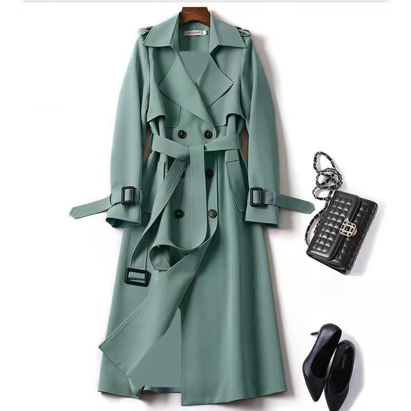 Damen Trenchcoat Herbst Zweireihiger Revers Langer Mantel mit Gürtel