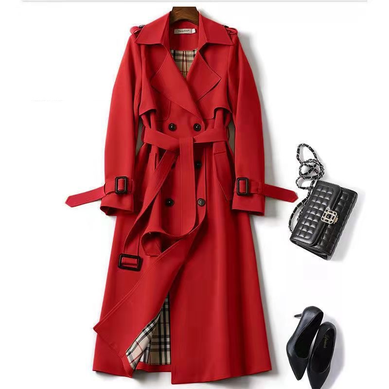 Damen Trenchcoat Herbst Zweireihiger Revers Langer Mantel mit Gürtel