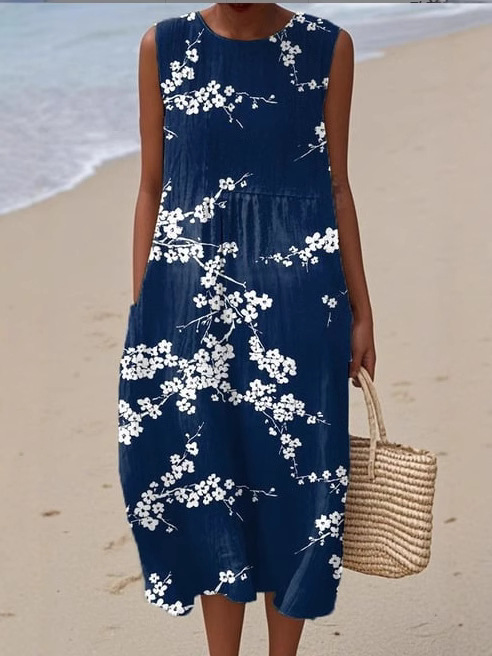 Damenkleid aus Baumwolle und Leinen mit abstraktem Print und Seitentaschen