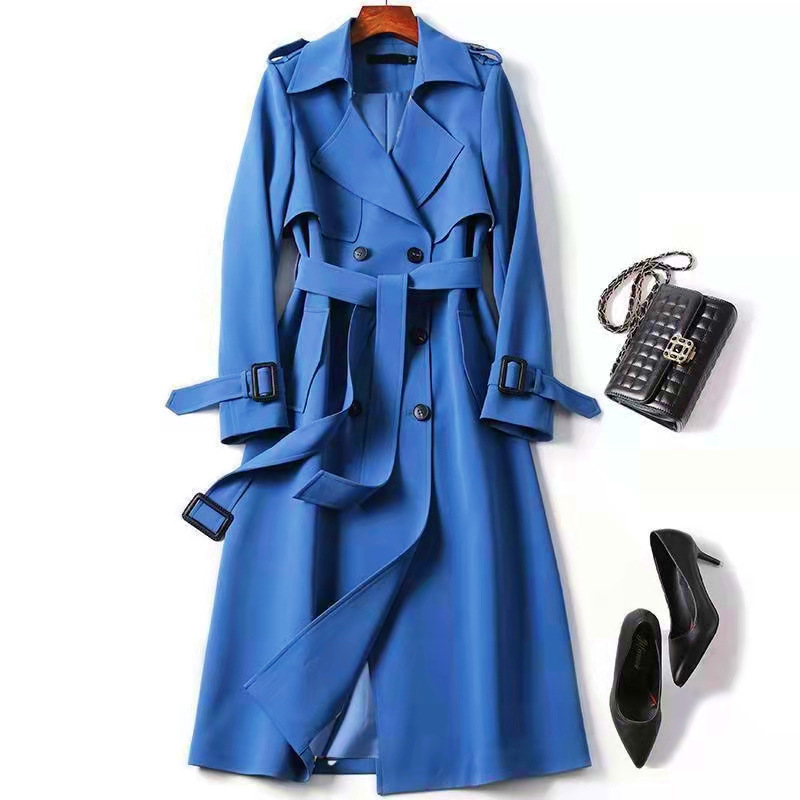 Damen Trenchcoat Herbst Zweireihiger Revers Langer Mantel mit Gürtel