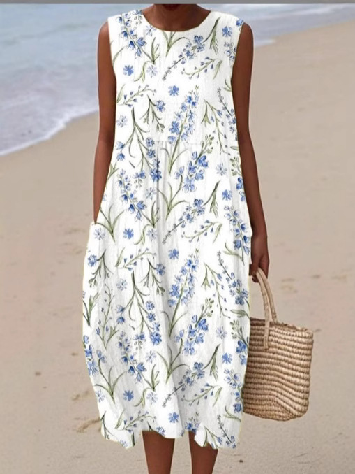 Damenkleid aus Baumwolle und Leinen mit abstraktem Print und Seitentaschen