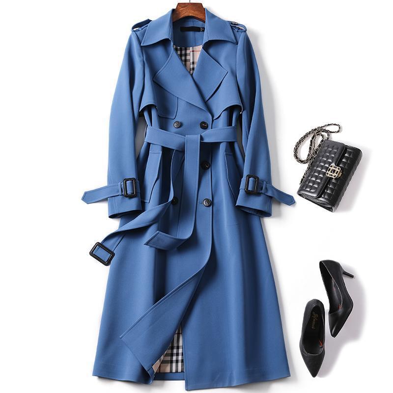 Damen Trenchcoat Herbst Zweireihiger Revers Langer Mantel mit Gürtel
