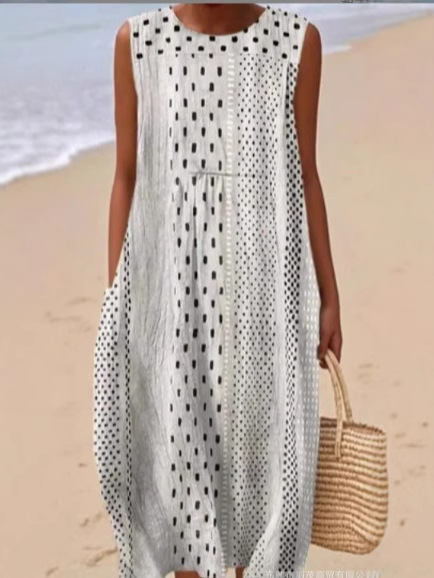 Damenkleid aus Baumwolle und Leinen mit abstraktem Print und Seitentaschen
