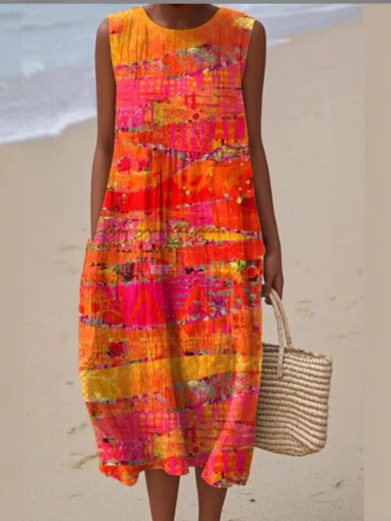 Damenkleid aus Baumwolle und Leinen mit abstraktem Print und Seitentaschen