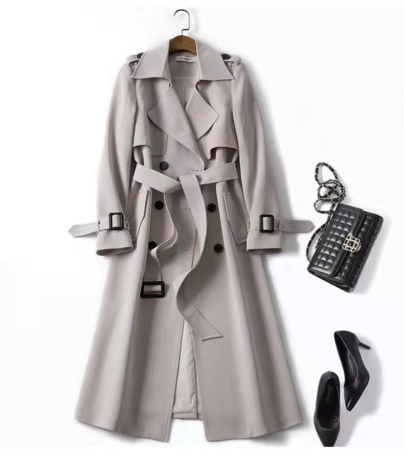 Damen Trenchcoat Herbst Zweireihiger Revers Langer Mantel mit Gürtel