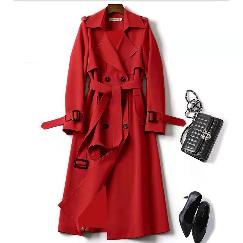 Damen Trenchcoat Herbst Zweireihiger Revers Langer Mantel mit Gürtel