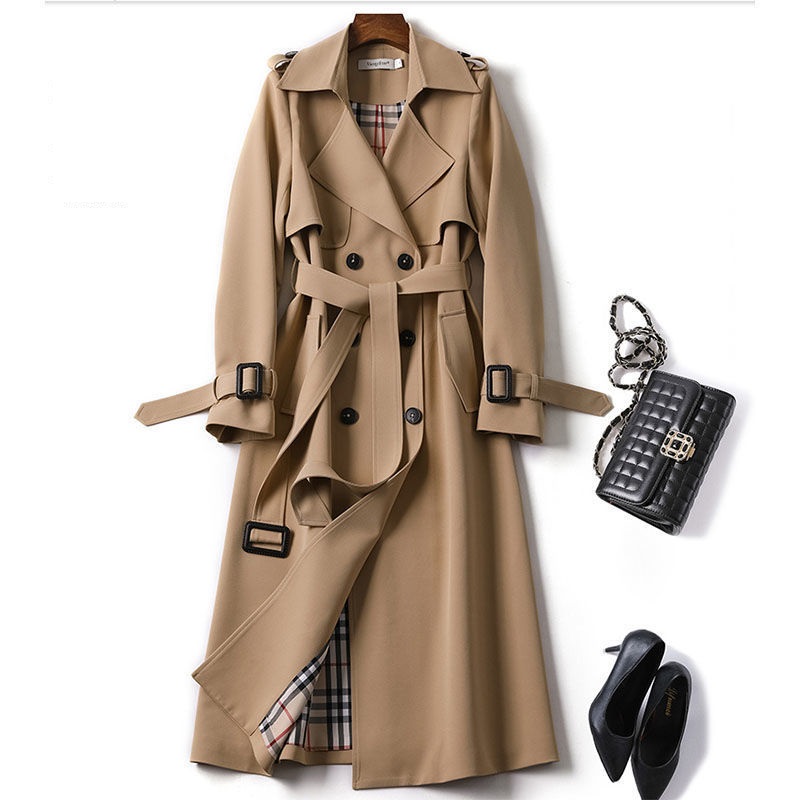 Damen Trenchcoat Herbst Zweireihiger Revers Langer Mantel mit Gürtel